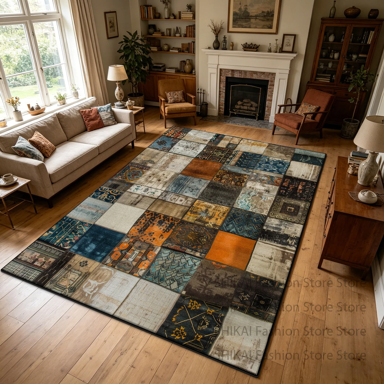 American Retro Patchwork Style Living Room Carpet Decoration Home Easy Clean Fluffy Rug Large Size Non-slip Soft Sofa Floor Mats
