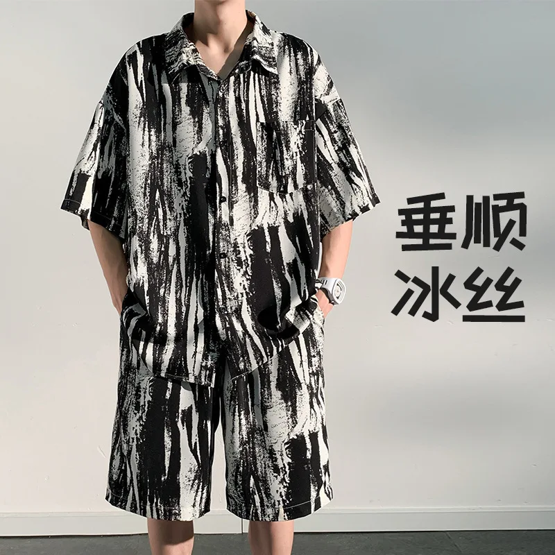 Fashion Youthful tie-dye watercolor Ink color 3D Print shirt +Shorts Short Sleeve Flip collar shirts half pants Two Piece Set