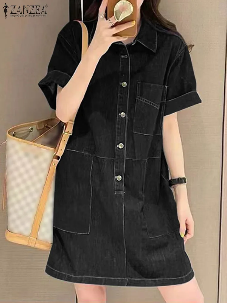 ZANZEA Denim Pockets Shirt Dress 2024 Summer Women Short Sleeve Sundress Fashion Solid Robe Casual Turn Down Collar Mini Dresses