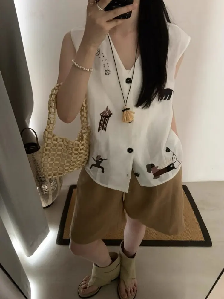 Ele Haftowana Lniana Kamizelka Cienka Bluzka na Ramiączkach z Dekoltem w Serek Damska Moda Letnia Odzież Wierzchnia Uniwersalna Mieszanka Bawełny i Lnu