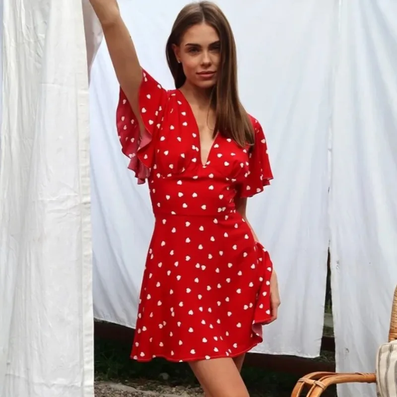 

Ticketsx Women's Fashion Print Mini Dress V-Neck Contrast High Waist Slim Dresses Summer Elegant Commute Streetwear Female Dress