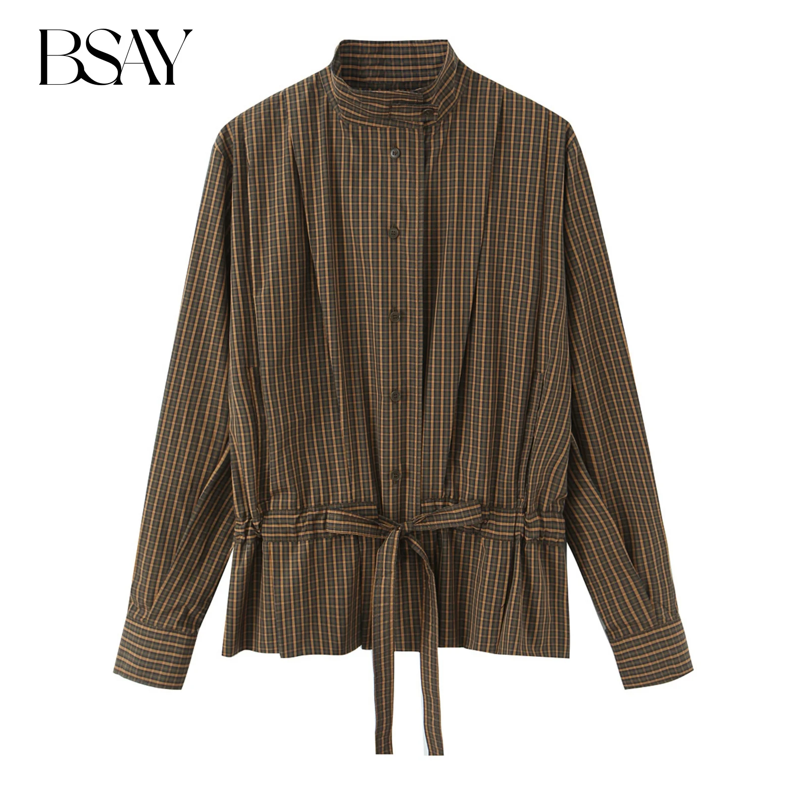 

Женская рубашка в клетку BSAY, модная новинка весна-осень, с длинными рукавами, на одной пуговице, с воротником-стойкой, повседневная блузка, топ для женщин