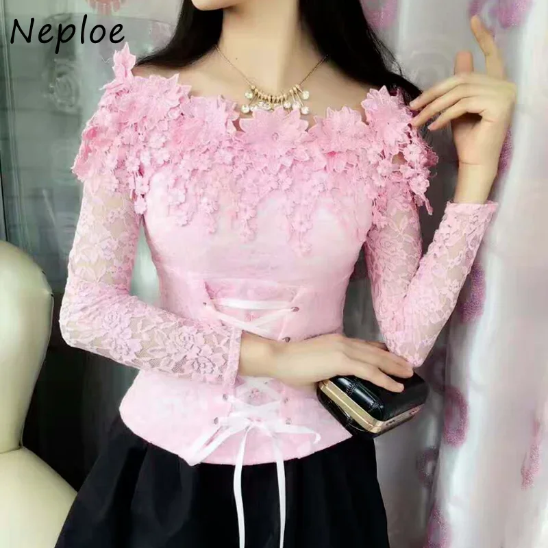 Neploe  Lace Hollow Out Blouse Korean Fashion Slash neck Slim Women Lacing Blusas Long Sleeve Elegant Shirts 67537