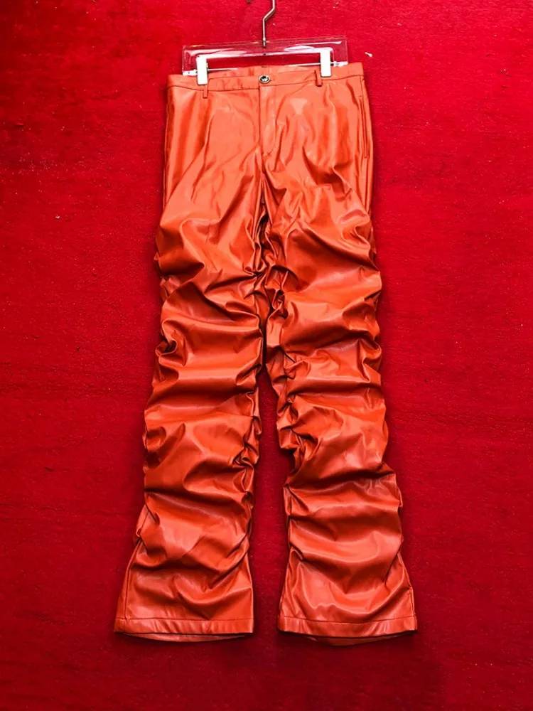 Cargo Pants Men Solid Color Wide Leg Slightly Flared Pants Casual Long Pants Loose Fit Joggers Locomotive Leather Pants Size 6XL