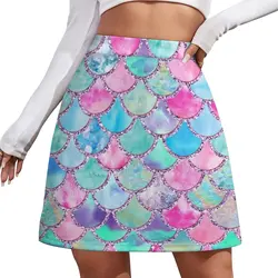 Escamas de sereia glitter falso aquarela feminina minissaia, roupas estilo coreano, tendência feminina, rosa e azul, 2023