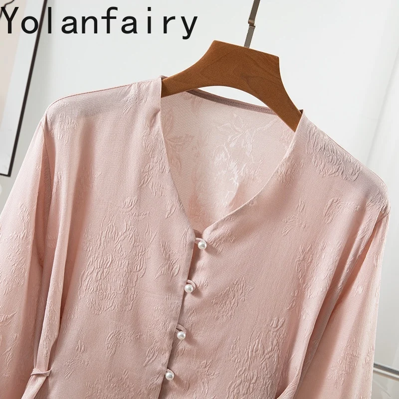 YOLANFAIRY 새로운 93% 뽕나무 실크 셔츠 여성 여름 탑 2025 우아한 자카드 긴 소매 셔츠 여성 v 넥 핑크 셔츠 Damen