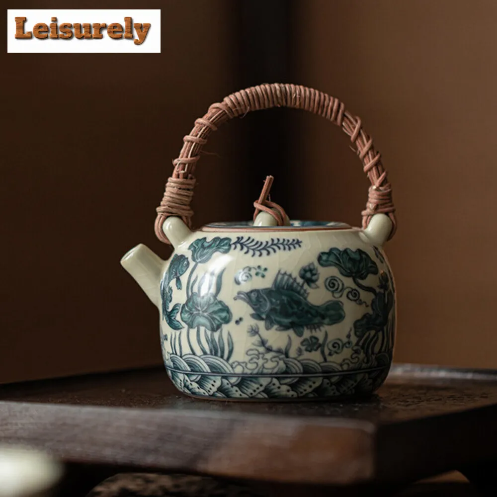 200ml Imitation Song Ru Kiln Teapot Boutique Fish Algae Pattern Vine Weaving Beam Pot Tea Making Kettle Puer Cha Supplies Gift