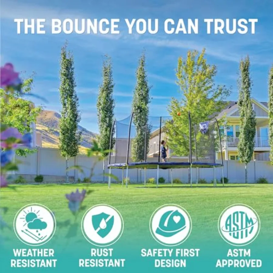 Outdoor trampoline for backyard use galvanized steel frame black color rust-resistant and weatherproof with safety enclosure ju
