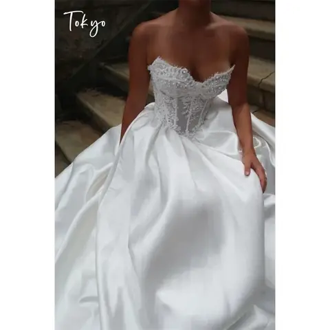 Tokyo Strapless Corset Satin Wedding Dress Sheer Lace Bridal Gown Church Ceremony Formal Evening Reception Ball Gown Princess