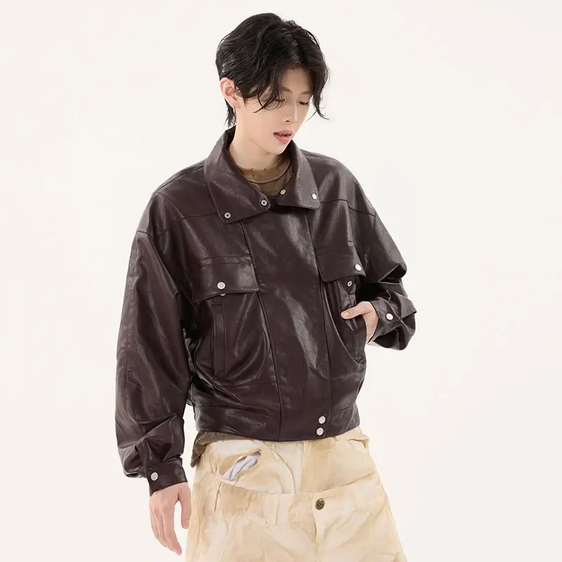 

Мужская кожаная куртка-пилот в американском ретро-стиле, весна-осень, коричневая, с крутым воротником, из искусственной кожи, модная, городская, повседневная, длинная, на молнии