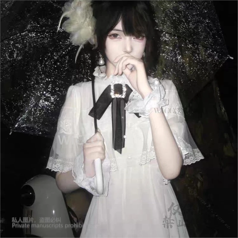 Velo japonés capa Jirai Kei Y2k vestido de encaje de doble capa con broche dulce niñas Kawaii temperamento sólido Vestidos mujeres Cos