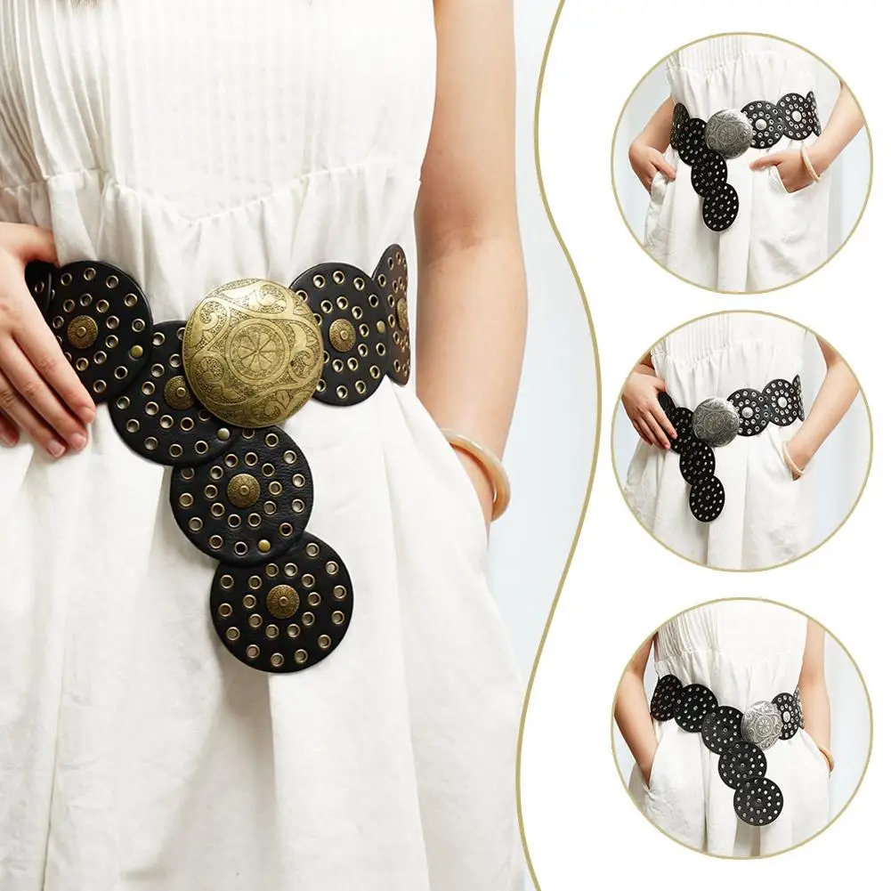 

Women Vintage Western Belt Hollow Exaggerated Cowboy Wide Disc Belt Western Cowgirl Disc Cinch Leather Belt For Dress Decor D0J6