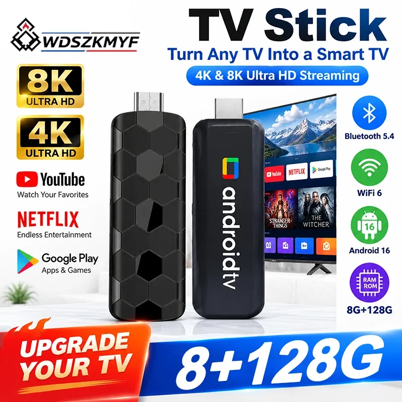 Android 16 4K 8K TV-Stick 8GB+128GB WiFi6 Bluetooth Media Player Dual UI Heimkino-Streaming-Dongle Unterstützt Netflix YouTube