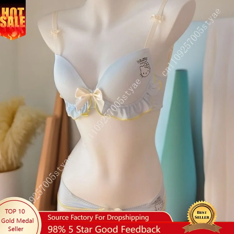 

Комплект нижнего белья Sanrio Hello Kitty с принтом, беспроводной, удобный, милый, тонкий, дышащий комплект бюстгальтера и трусиков для студентов