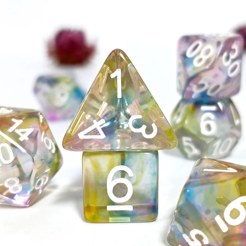 Rainbow Confetti Resin Polyhedral Dice Set, 7-Piece DND Dice with Black Numbers for Dungeons & Dragons, TTRPG, Tabletop RPG Game