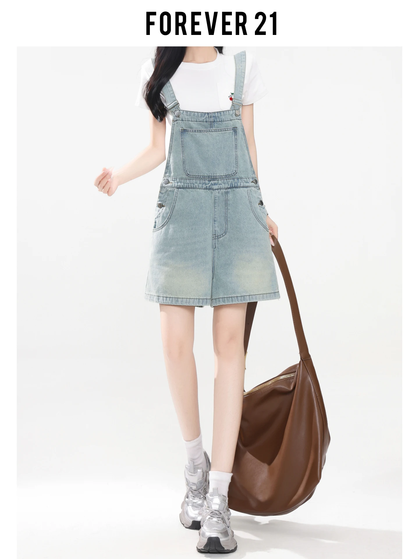 Overol de Mezclilla de Cintura Alta y Pierna Ancha Estilo Americano Forever 21, Pantalones Cortos Azul Claro para Mujer, Corte Holgado Informal para Uso Diario