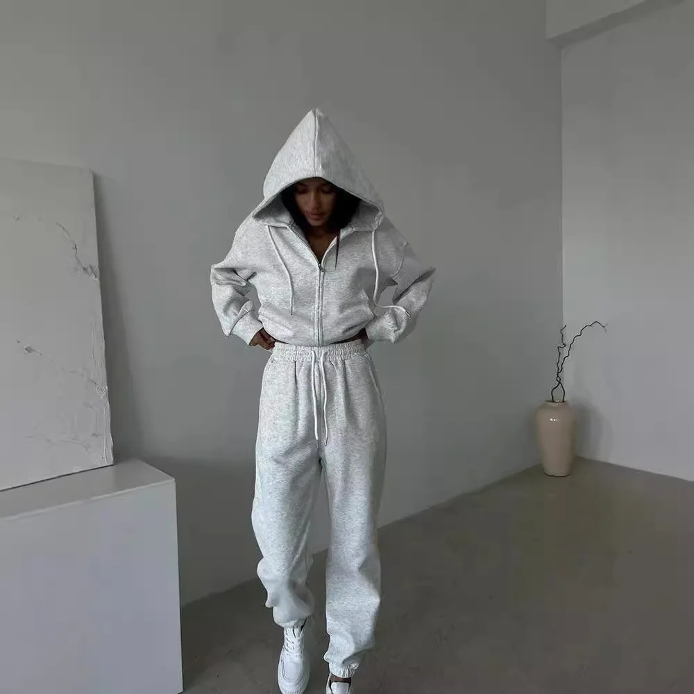 Casual Women's Long Sleeve Zipper Hoodie Set Pure Color Elastic Waist Cross-Border Ladies' Outfit Autumn Season Hanfu