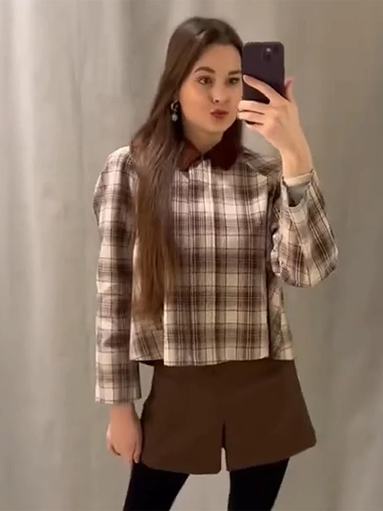 Getäfelten Plaid Drehen-unten Kragen Jacken Frauen Casual Lose Lange Hülse Kurze Jacke Weibliche 2025, Frühling Temperament Outwear tops