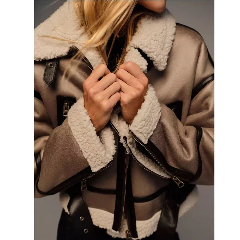 Retro Kurtka Motocyklowa z Kołnierzem, Barwiona Metodą Tie-Dye, z Futra i Skóry, Damska, Krótka, Casualowa, Luźny Krój, Jednolity Kolor, Zapinana na Zamek, Jesień Zima Nowość