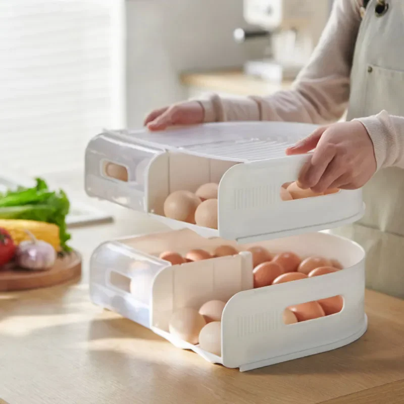 

Egg Storage Box Organizer Crisper Refrigerator Egg Carton with Lid Stackable Automatic Rolling Kitchen Accessories