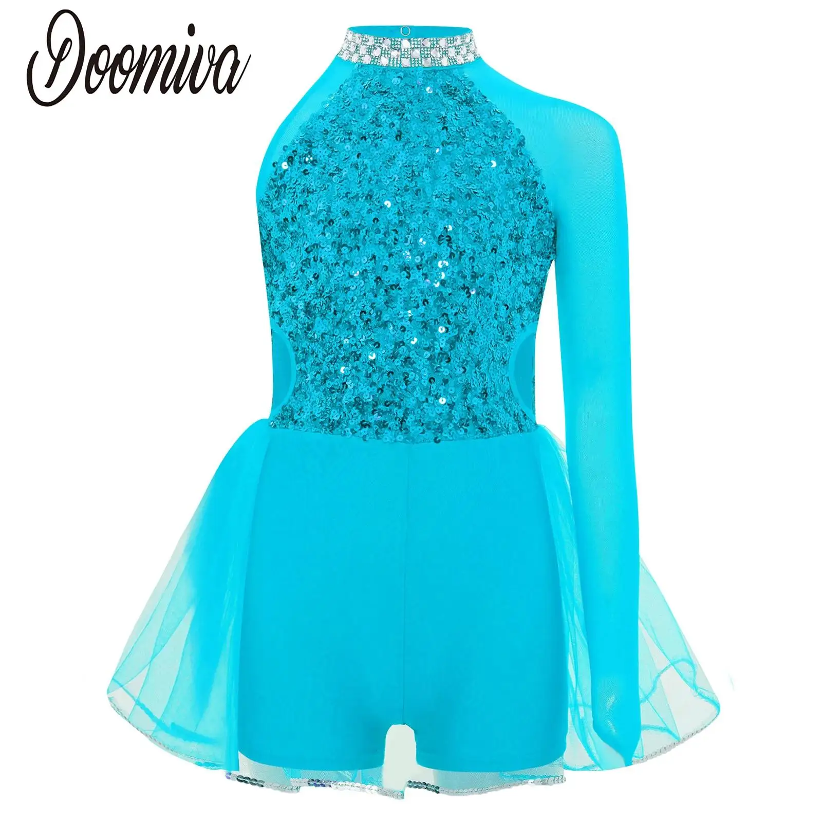 

Girls Sequins Jazz Dance Leotards Tulle Dress Long Sleeve Mesh Splice Bodyshorts Leotard Gymnastics Figure Skating Stage Costume