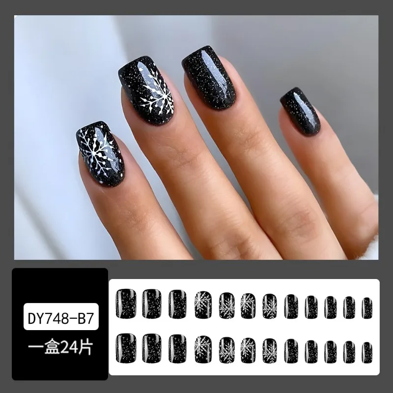 Pressione em acrílico unhas falsas com cola, simples unhas falsas, Natal, preto, branco, floco de neve, curto, quadrado médio, barato, 24pcs