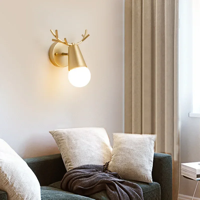Nordic Net Red Mirror Headlight Modern Simple Corridor Corridor Children's Room Antler Deer Head Bedroom Headboard Wall Lamp