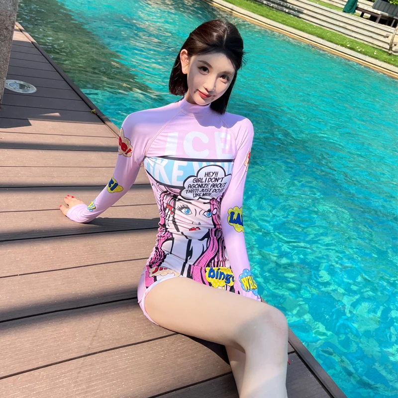 

Swimsuit Women Long Sleeve One Piece Printed Monokini Push Up Bathing Suit Long Leggings Zipper Uv Protection Rash Guard New