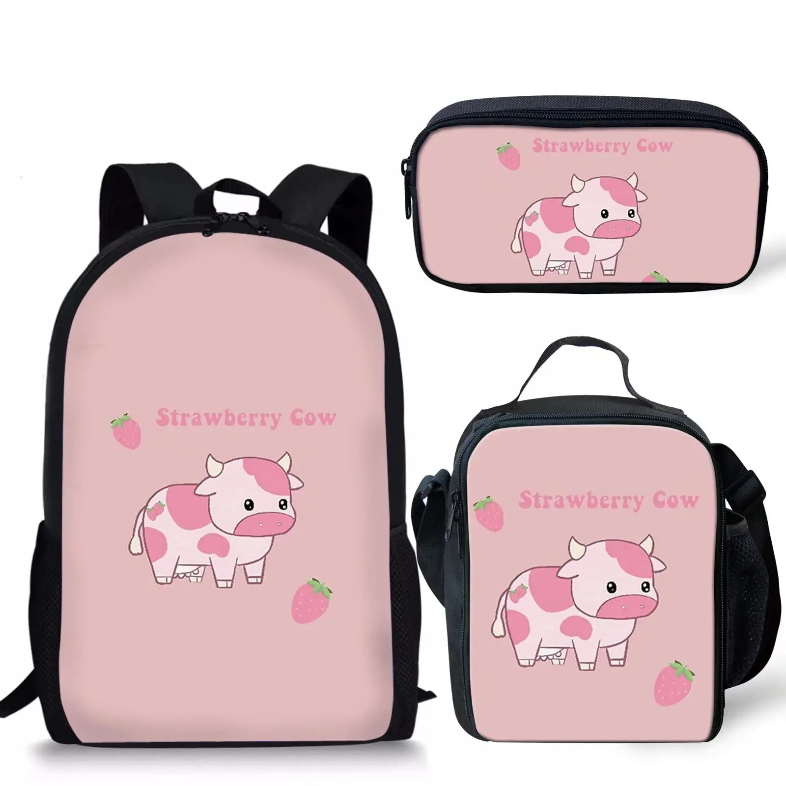 Pink Cow Texture Design Fashion Large Capacity Backpack Boys And Girls Outdoor Spring Bag Zippered Messenger Bag Pencil Case