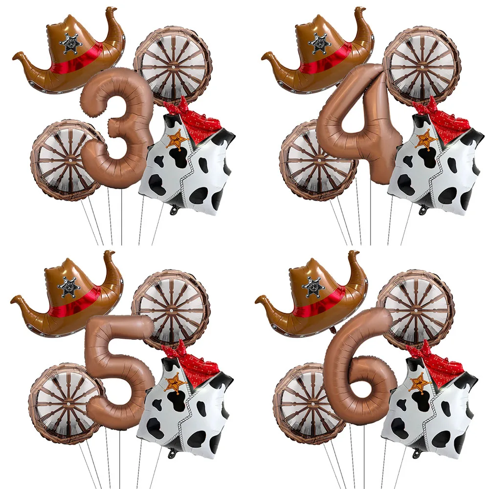 1Set Western Cowboy Balloon Cowboy Party Decor With 32inch Number Balloon Cowboy Hat Wheel Foil Balloon Birthday Party Decoratio