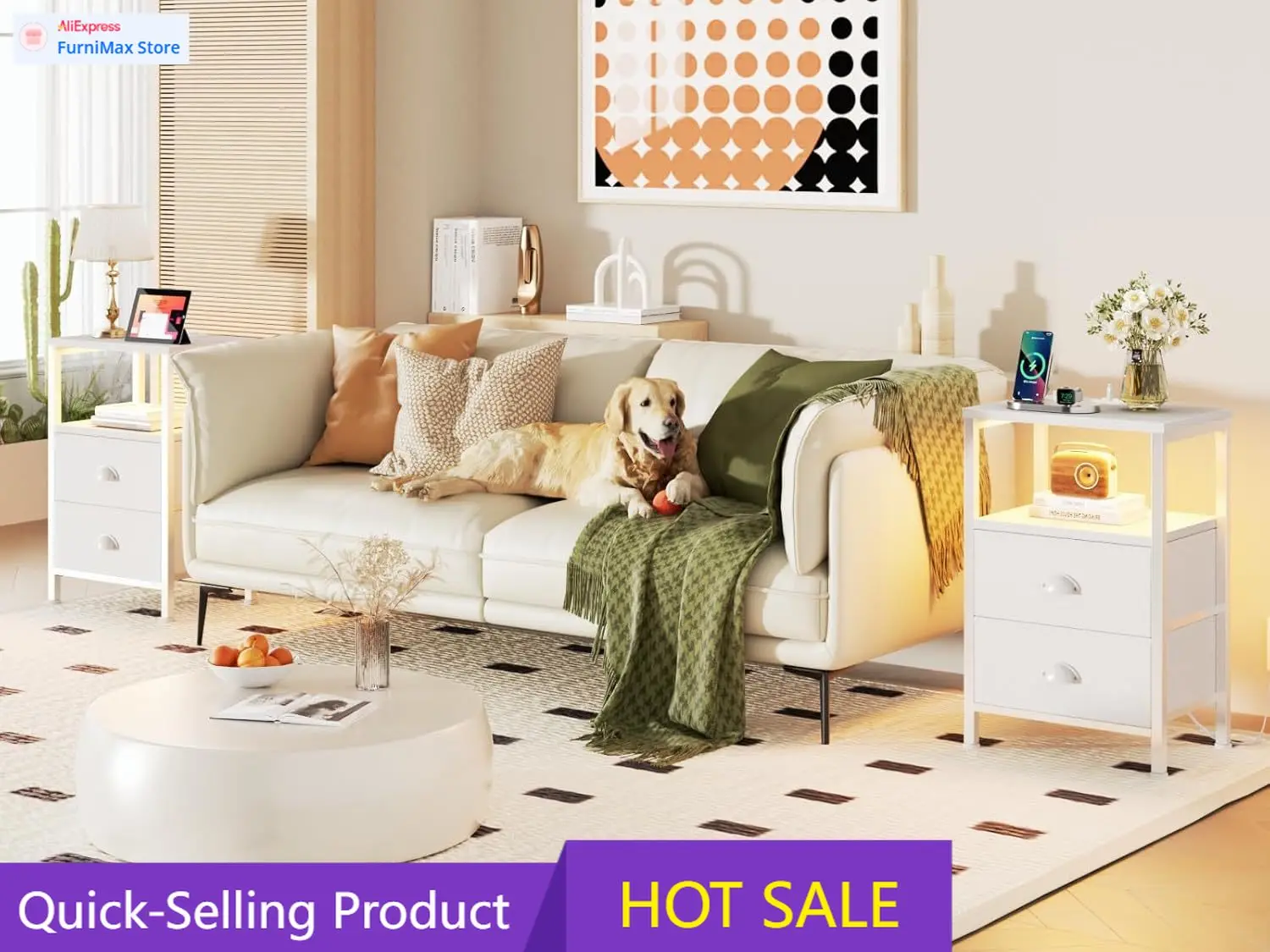 

Акция на ограниченное время: Комплект из 2 прикроватных тумбочек с зарядной станцией и LED-подсветкой, белые тумбочки с 2 ящиками.