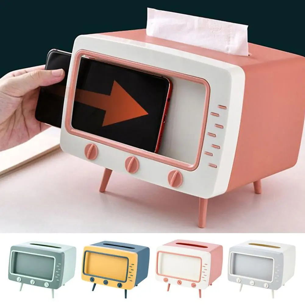 Pudełko na chusteczki w kształcie telewizora ze stojakiem na telefon komórkowy Dozownik pudełka na chusteczki Kawaii Kreatywny wielofunkcyjny pojemnik na chusteczki do salonu