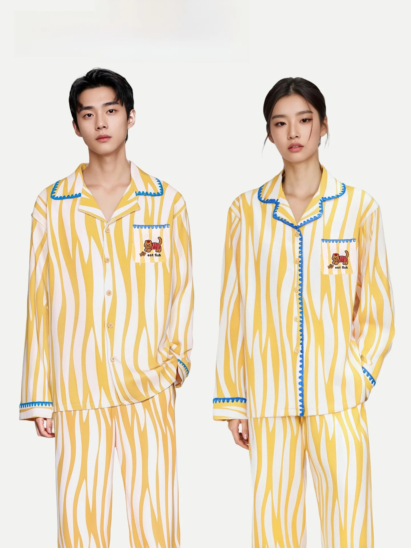 PinkBread Embroidered  Eating Fish Couples Pyjamas Long Sleeve Pure Cotton Home Clothes Suitable for Outdoor Wear Autumn