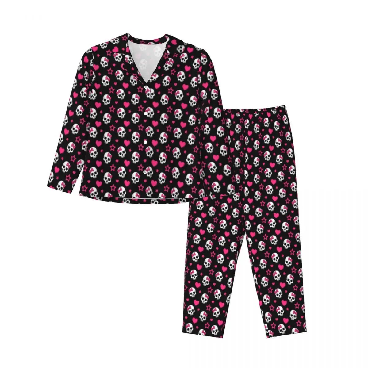 Pajamas Woman Sugar Skull Print Night Sleepwear Stars And Hearts 2 Pieces Loose Pajama Set Long-Sleeve Oversized Home Suit