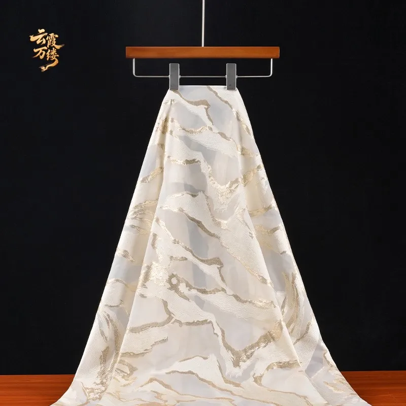 Light gold three-dimensional jacquard fabric see-through Eugene mesh dress top Hanfu designer color weaving