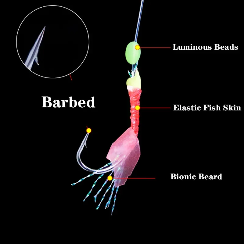 6 unids/bolsa falda de piel de pescado señuelo de acero al carbono plumas de caballa lubina cebo de bacalao pesca en el mar anzuelos de cuentas luminosas cebos aparejos de pesca - imagen 4