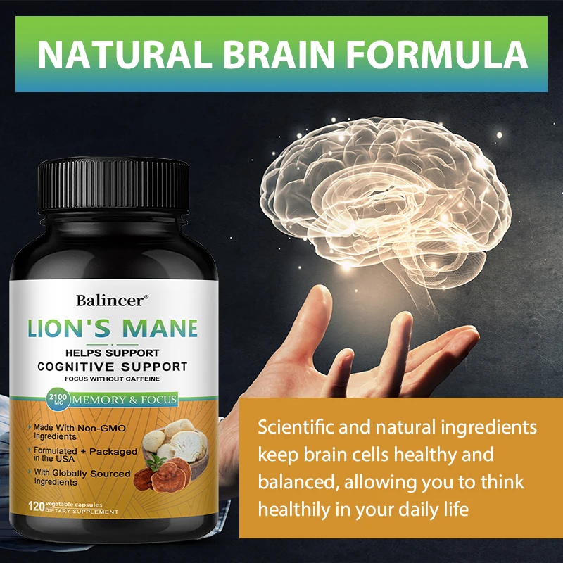 

Lion's Mane Mushroom Complex Capsules, Brain Sleep & Immune Support, Nootropic for Focus & Memory, Relief Stress Better Mood