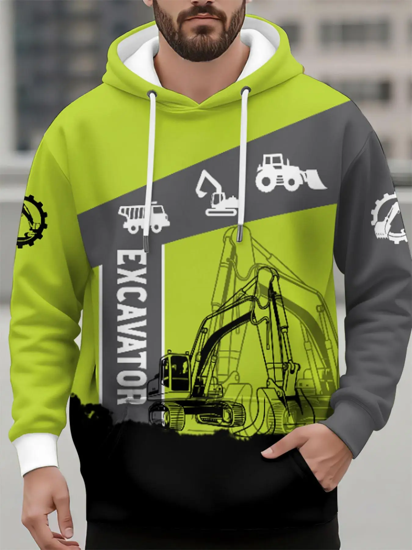 3D Printed Truck Excavator Graphic Men's Hoodies Autumn Vintage Pattern Long Sleeve Sweatshirt Stylish Loose Comfortable Clothes