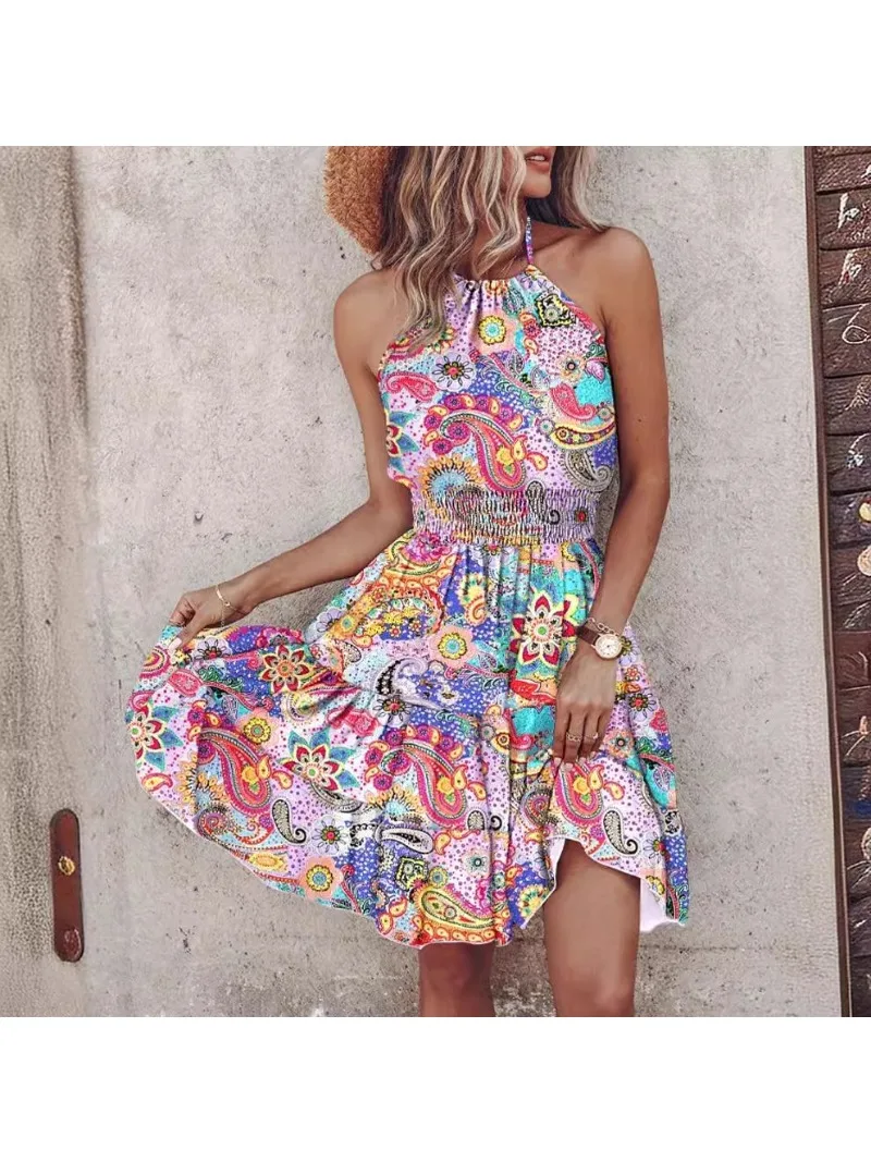 

Women's Summer Fashion Sexy Off the Shoulder Hanging Neck Women's Dress Waist Shortskirt Vacation Sleeveless Knee Length Skirt