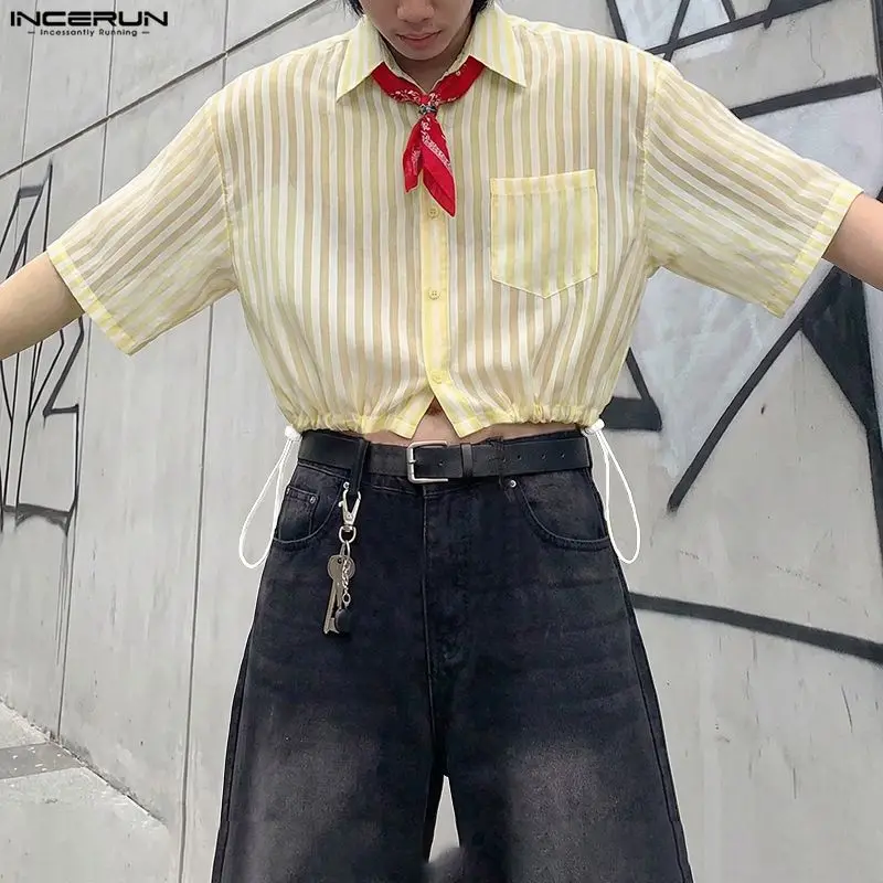 

Men's Striped Crop Shirts Lapel Short Sleeve Drawstring Casual Men Clothes INCERUN Loose Streetwear Stylish Camisa Tops For Man