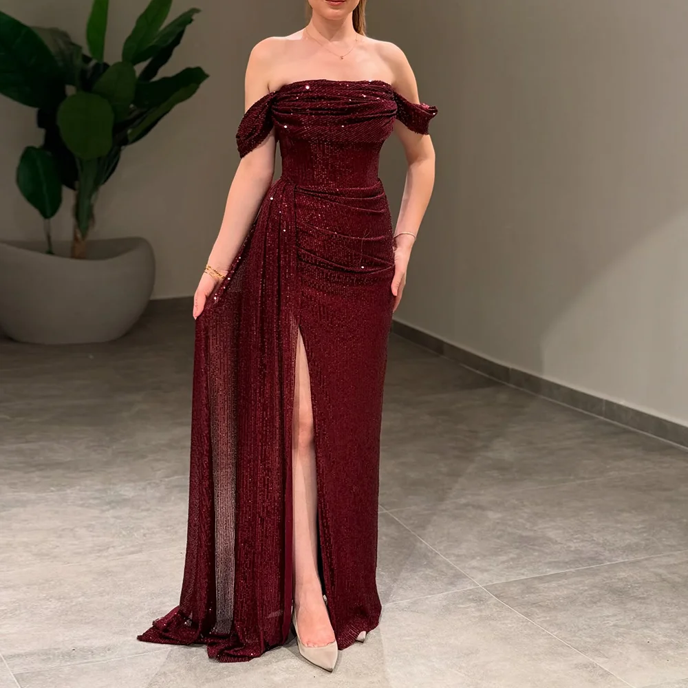 

Вечерние платья с вырезом лодочкой по индивидуальному заказу, простое плиссированное прямое платье с открытыми плечами и боковым разрезом, длинное платье подружки невесты с пайетками