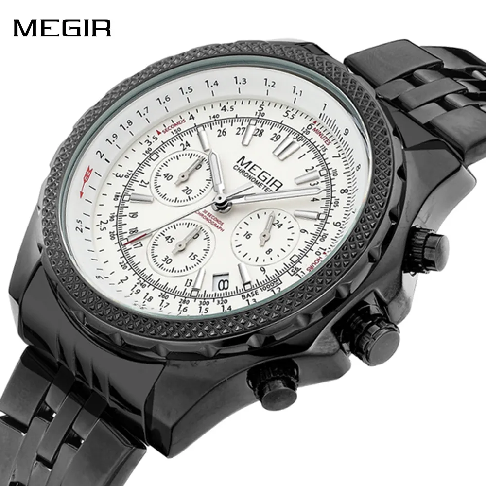 

MEGIR Роскошные деловые мужские часы из нержавеющей стали, кварцевые наручные часы, водостойкий календарь, большой циферблат, спортивные часы с хронографом 2006