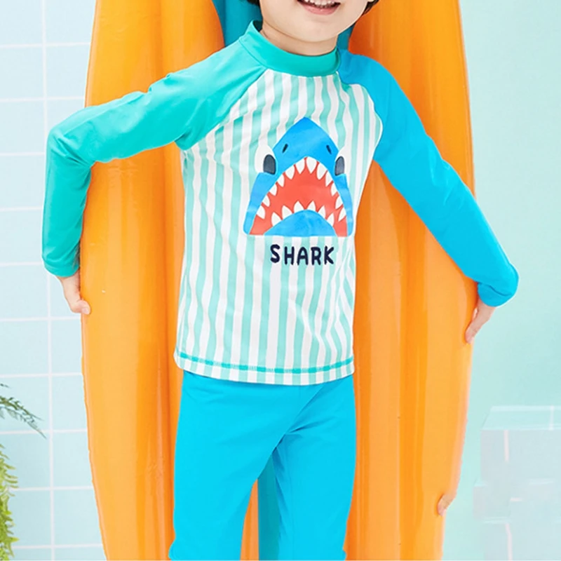 Boys Two-piece Swimsuit Kids Cute Cartoon Shark Striped Sun-protective Quick-Dry Long Sleeve Surfing Bathing Suit Baby Swimwear
