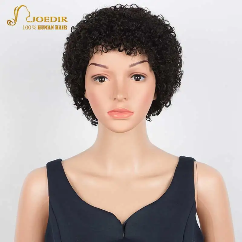 Joedir Short Cheap Pixie Kinky Curly Human Hair Wig For Black Women Brazilian Remy Hair Natural Dark Ombre Brown Afro Curl Wigs