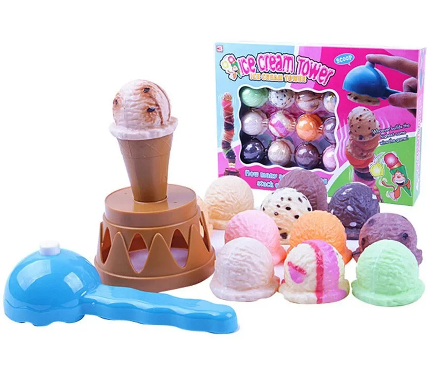 

[Funny] DIY Ice Cream Tower balance game baby kids Pretend Play Plastic Kitchen Toy dessert food baby play house toys kids gift