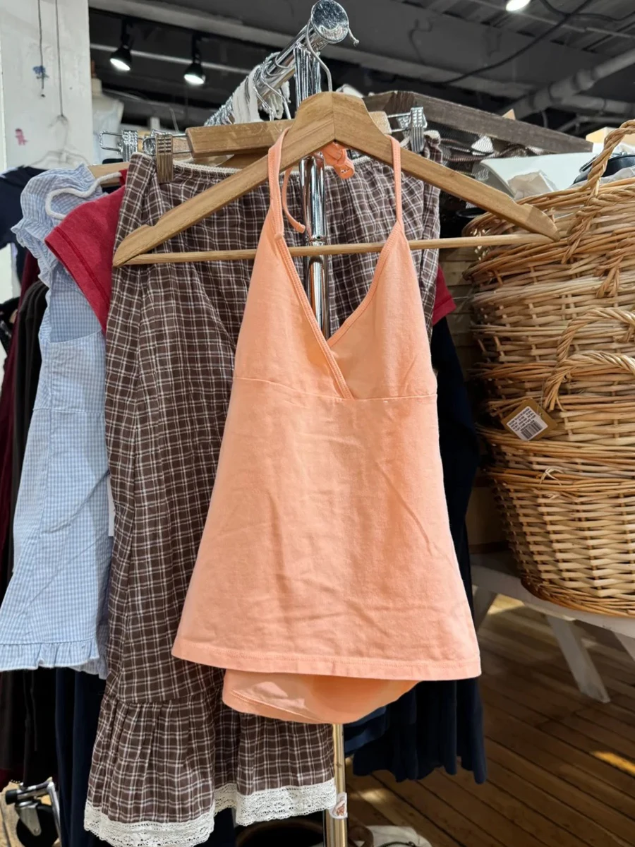 Orange Halter Tank Tops Women Simple Cross V-neck Cotton Slim Strapless Crop Tops Sweet Cute Preppy Style Backless Camisole Y2K view 2