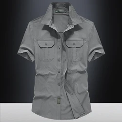 For 2024 Summer Fashion Tops Blouses Mens Short Sleeves Oversize 5XL Nylon Cargo Military Shirts Green Casual Clothes
