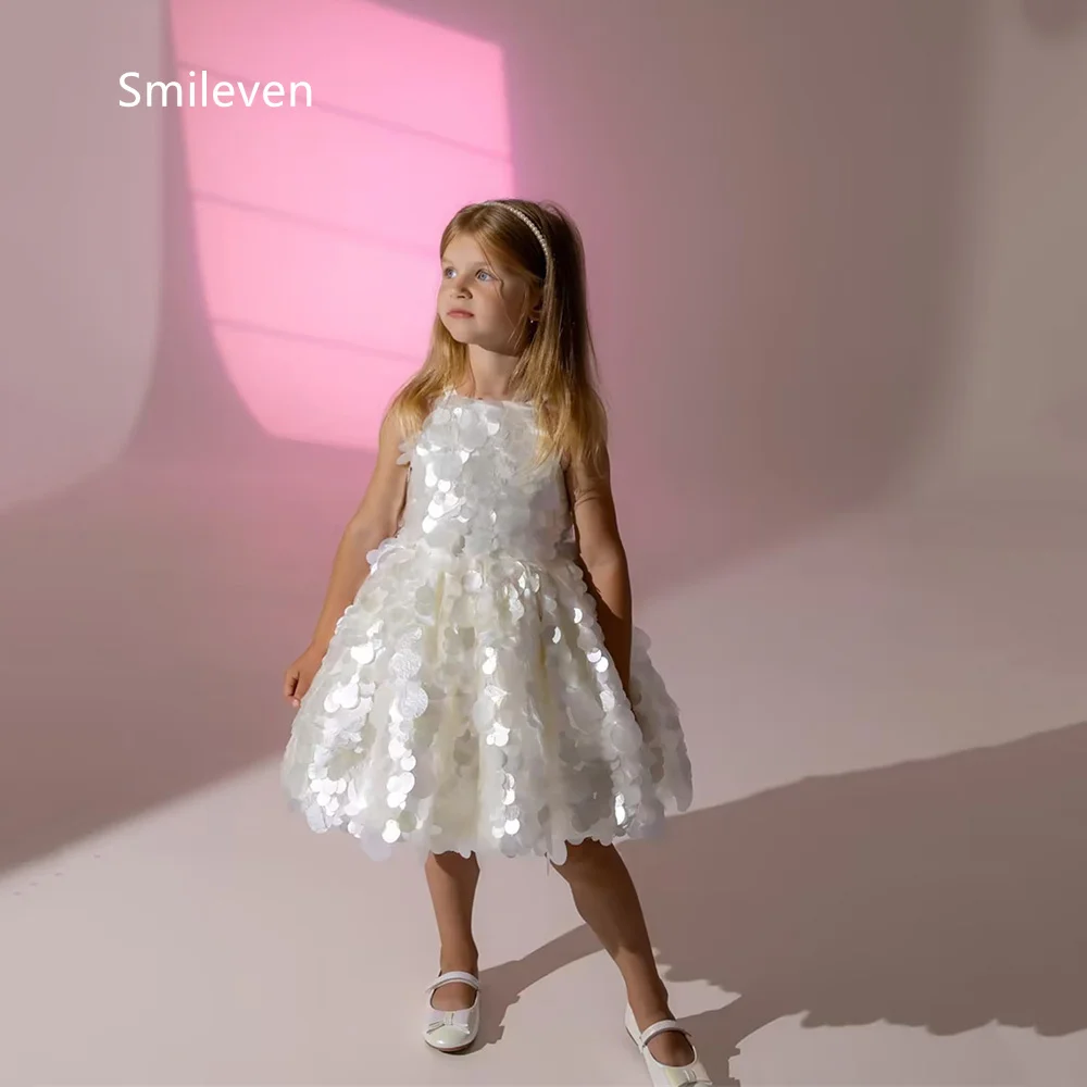 Smileven White Tulle Girl Flower Dress A Line Skirt Halter Neck Sleeveless Birthday Dresses 3D Sequins Gowns Customized 2027