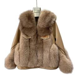 ZDFURS*New sheepskin stitched fox fur coat women's short warm fur coat with fox fur trim дубленка женская зимняя шуба женская