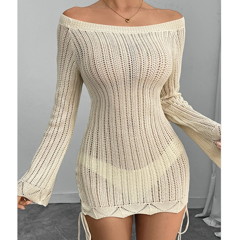 ビーチカバーアップワンショルダーニットドレス、カットアウト、スリムでファッショナブルな巾着長袖ビーチフィギュアハグドレス